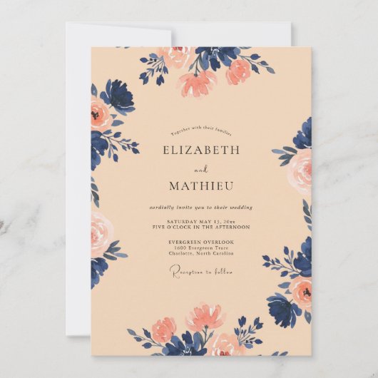 Invitation Mariage Délice Botanique Indigo Pêche (Devant)