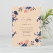 Invitation Mariage Délice Botanique Indigo Pêche (Debout devant)