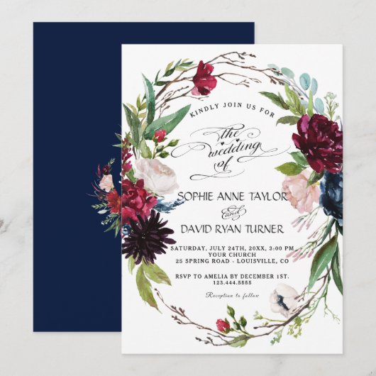 Invitation Mariage délicieux de fleurs bleues de Bourgogne (Devant / Derrière)