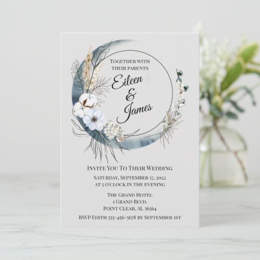 Invitation Mariage demi-lune Boho bleu (Debout devant)