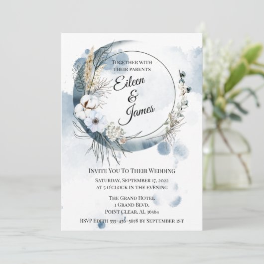 Invitation Mariage demi-lune Boho bleu (Debout devant)