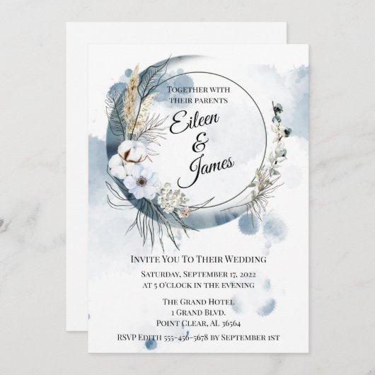 Invitation Mariage demi-lune Boho bleu (Devant / Derrière)