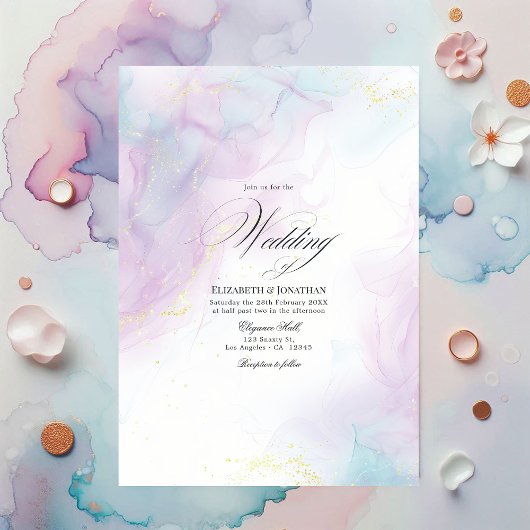Invitation Mariage d'encre d'alcool doux Pastel bleu et or