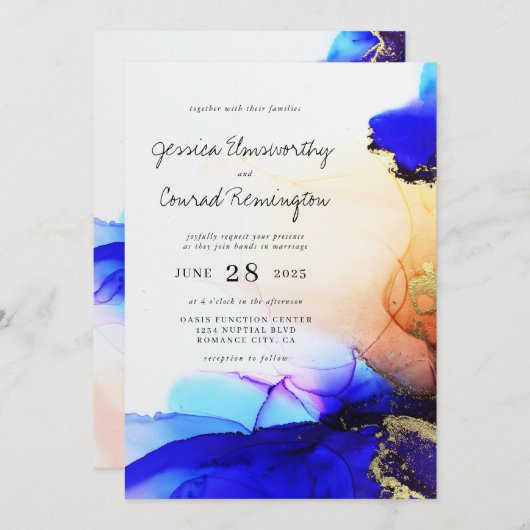 Invitation Mariage d'encre d'alcool orange bleu moderne (Devant / Derrière)