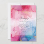 Invitation Mariage d'encre d'alcool rose, bleu et or (Devant)