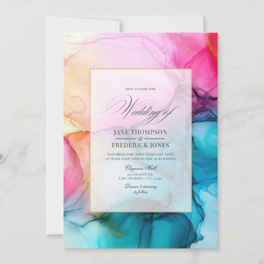 Invitation Mariage d'encre d'alcool rose chaud, bleu et or (Devant)