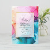 Invitation Mariage d'encre d'alcool rose chaud, bleu et or (Debout devant)