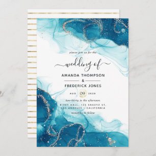Invitation Mariage d'encre d'alcool turquoise et or