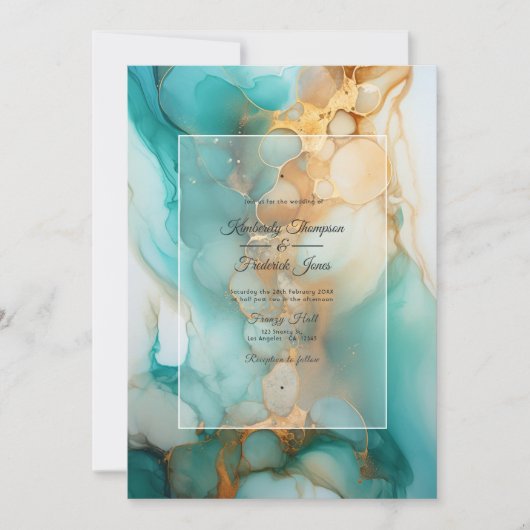 Invitation Mariage d'encre d'alcool turquoise et patine (Devant)