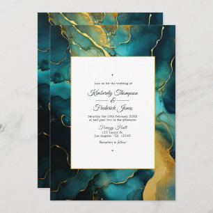 Invitation Mariage d'encre turquoise et d'alcool or