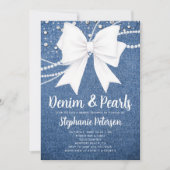 Invitation Mariage Denim et Perles Blanc Ruban Bleu Chic (Devant)