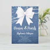 Invitation Mariage Denim et Perles Blanc Ruban Bleu Chic (Debout devant)