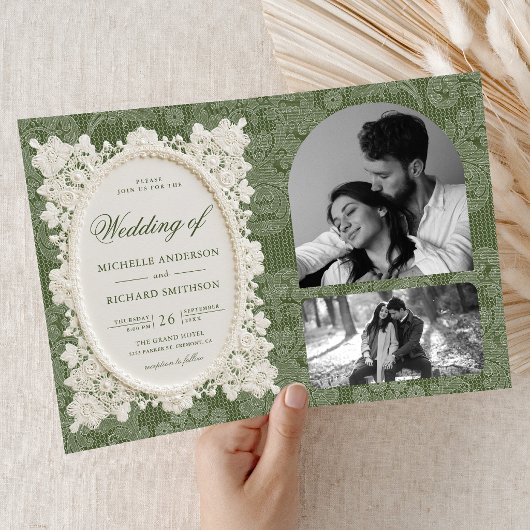 Invitation Mariage dentelle de dentelle vert olive d'argent a