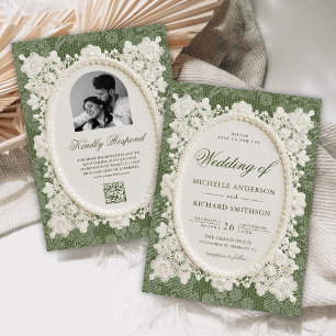 Invitation Mariage dentelle de vieille fortune vert olive ivo