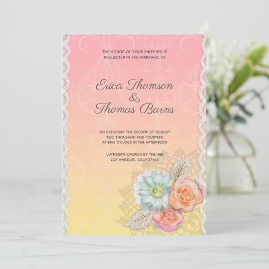 Invitation Mariage Dentelle Et Fleurs (Debout devant)