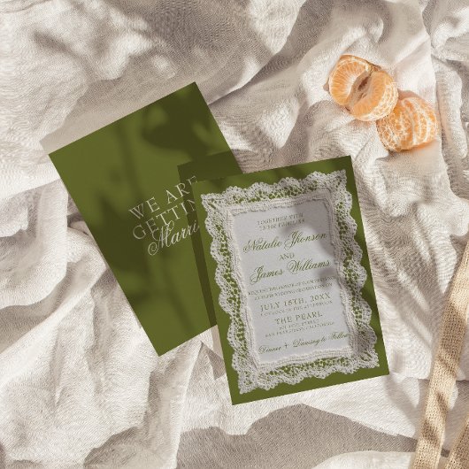 Invitation Mariage dentelle vert olive argent ancien napperon