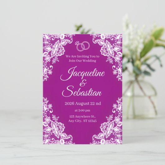 Invitation Mariage Dentelle Violette (Debout devant)