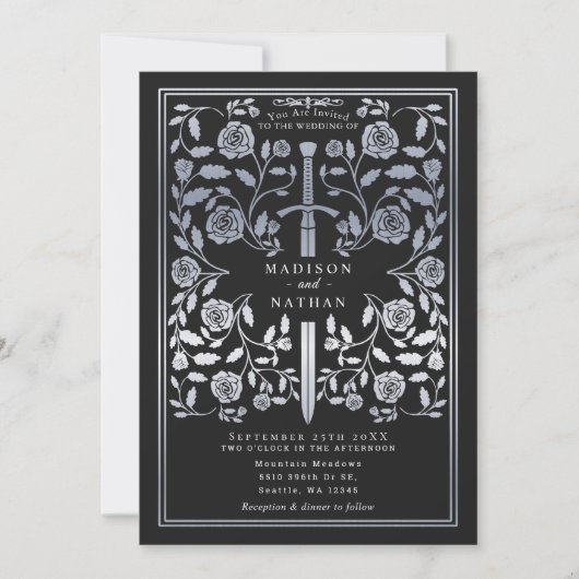 Invitation Mariage d'épée d'argent médiéval noir (Devant)
