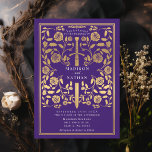 Invitation Mariage d'épée d'or violet Royal Medieval<br><div class="desc">Célébrez votre journée spéciale avec ce design Mariage Royal Medieval Gold Sword. Cette conception comporte une épée entourée de fleurs. L'or présenté dans ce design n'est pas du papier peint.</div>