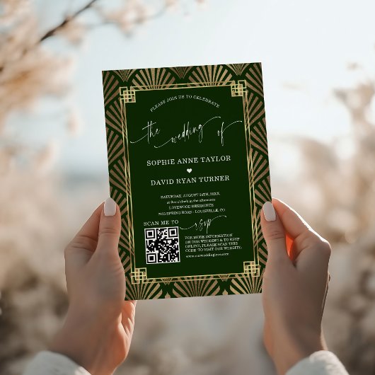 Invitation Mariage des années 1920 de luxe Gold Dark Green