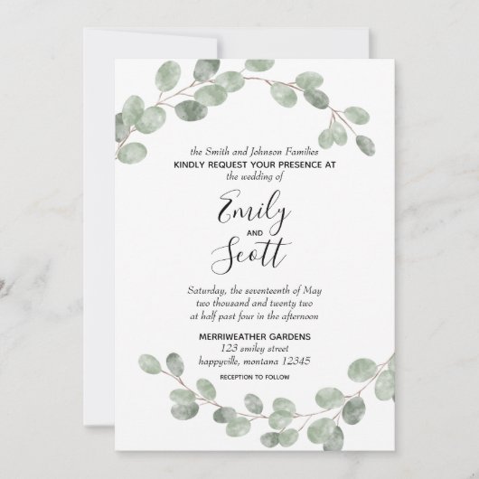 Invitation Mariage des branches d'Eucalyptus blanc (Devant)