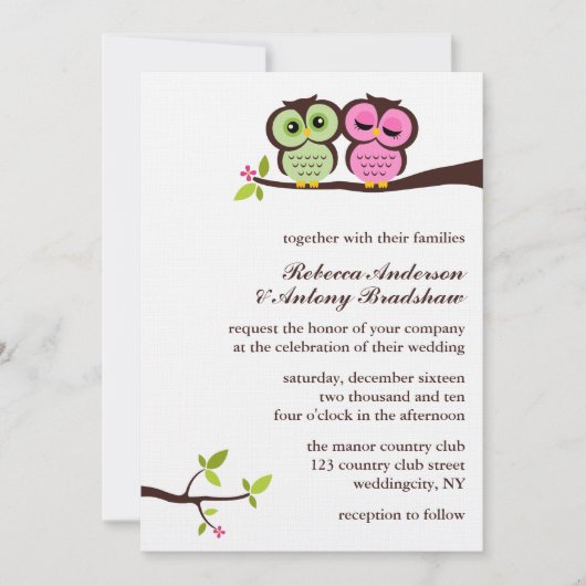 Invitation Mariage des Chouettes vertes et roses (Devant)