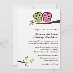 Invitation Mariage des Chouettes vertes et roses