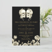 Invitation Mariage des crânes floraux gothiques noirs et or (Debout devant)