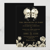 Invitation Mariage des crânes floraux gothiques noirs et or (Devant / Derrière)
