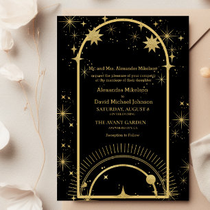 Invitation Mariage des étoiles célestes mystiques d'or noir
