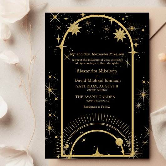 Invitation Mariage des étoiles célestes mystiques d'or noir