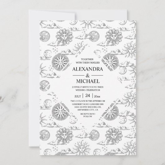 Invitation Mariage des étoiles célestes mystiques en noir et  (Devant)