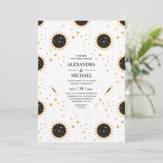 Invitation Mariage des étoiles célestes mystiques en noir et  (Debout devant)