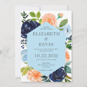 Invitation Mariage des fleurs d'aquarelle bleue et de pêche  (Devant)