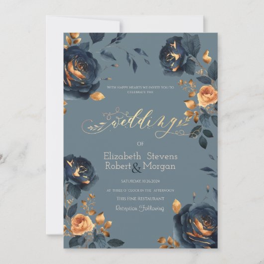 Invitation Mariage des fleurs d'or bleu marine (Devant)
