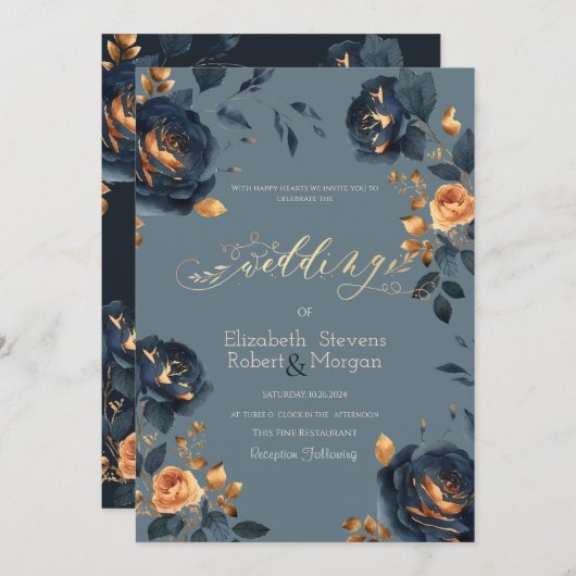 Invitation Mariage des fleurs d'or bleu marine (Devant / Derrière)