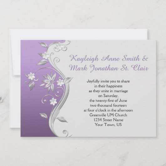 Invitation Mariage des fleurs orange violet et argent (Devant)