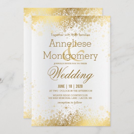 Invitation Mariage des flocons blancs et dorés d'hiver (Devant / Derrière)