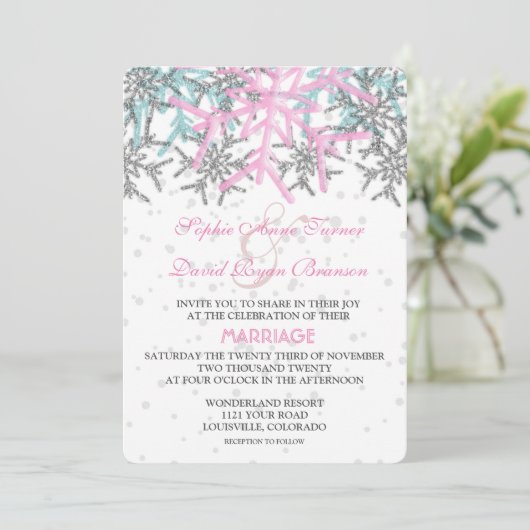 Invitation Mariage des flocons d'hiver en argent rose (Debout devant)