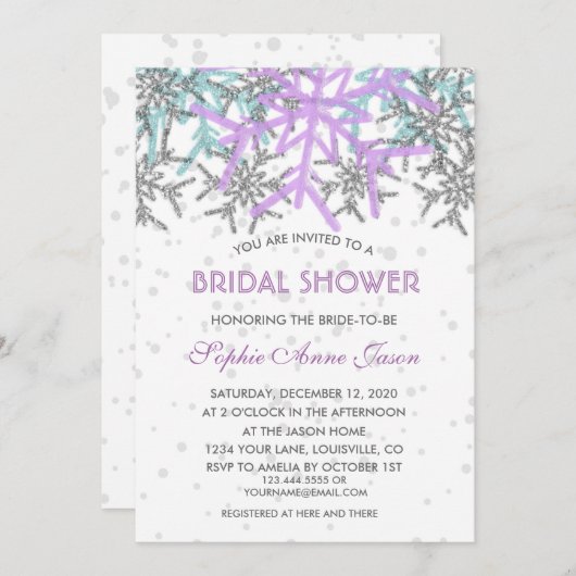Invitation Mariage des flocons d'hiver en argent violet (Devant / Derrière)