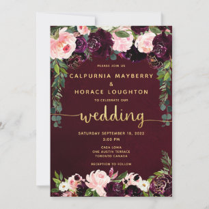 Invitation Mariage des Gold Calligraphy de Blush Burgundy Par
