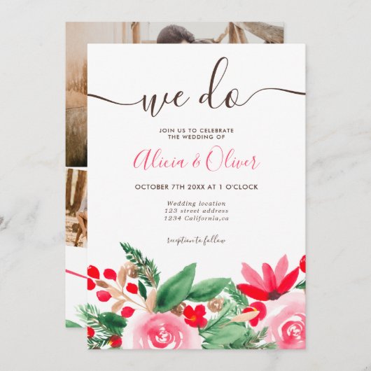Invitation Mariage des initiales de la photo florale de Noël (Devant / Derrière)