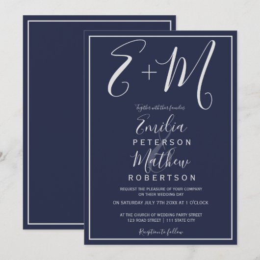 Invitation mariage des initiales de la typographie bleue de l (Devant / Derrière)