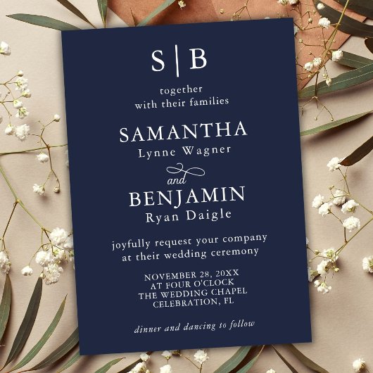 Invitation Mariage des initiales de monogramme bleu classique