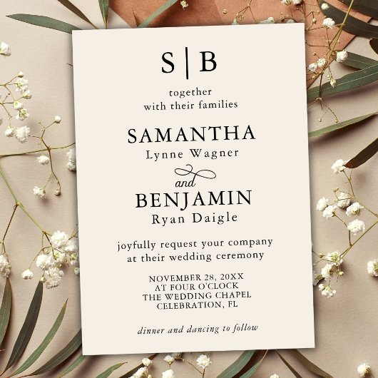 Invitation Mariage des initiales de monogramme ivoire classiq