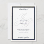 Invitation Mariage des initiales en or blanc bleu marine (Devant)