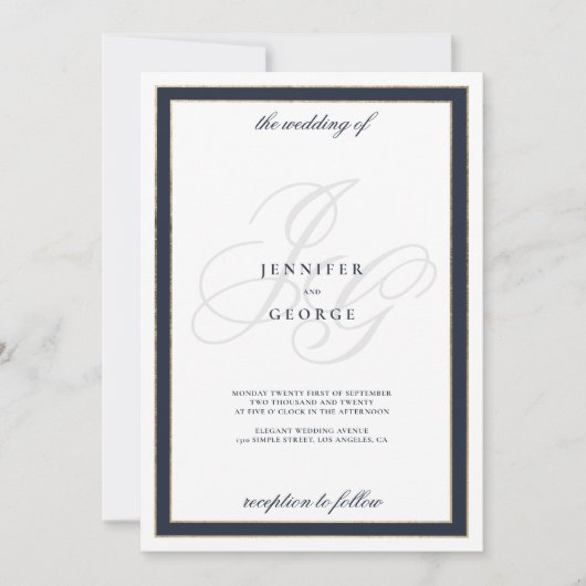 Invitation Mariage des initiales en or blanc bleu marine (Devant)