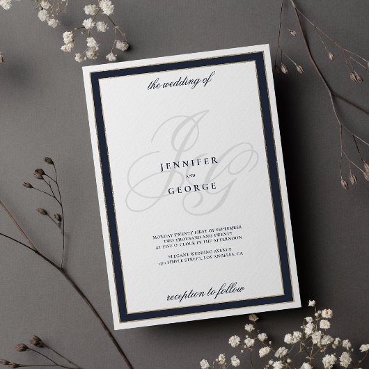 Invitation Mariage des initiales en or blanc bleu marine