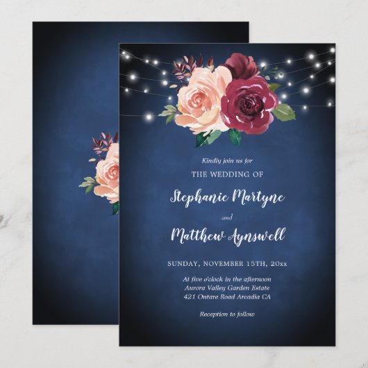 Invitation Mariage des lumières Roses de la Marine Bleue Bour (Devant / Derrière)