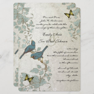 Invitation Mariage des papillons et des oiseaux bleus argenté